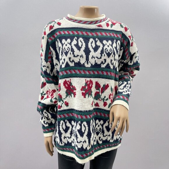 80s-90s Women’s Acrylic Sweater Floral Abstract Pattern Oversized by Brand New L - Picture 1 of 11